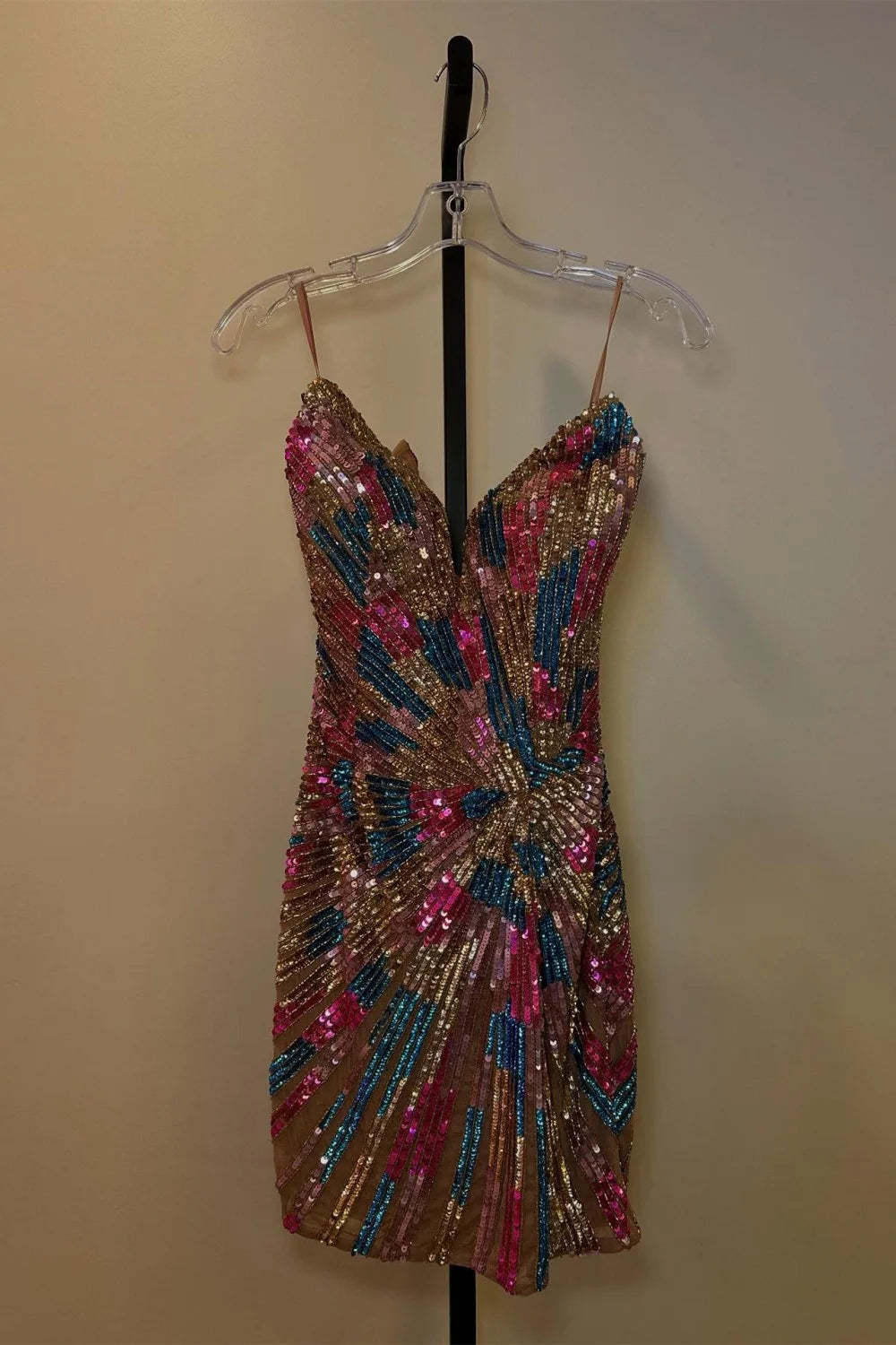 Strapless Multicolor Sequin Homecoming Dress Deep V Sweetheart Bodycon Mini Sunburst