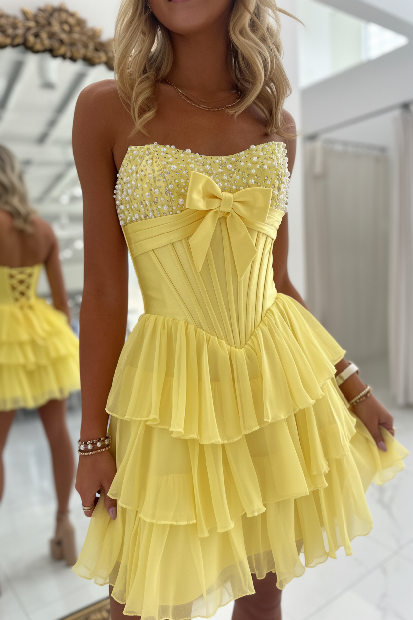 Strapless Pearl Beaded Corset Homecoming Dress Bow Lace-Up Back Tiered Ruffle Tulle Mini