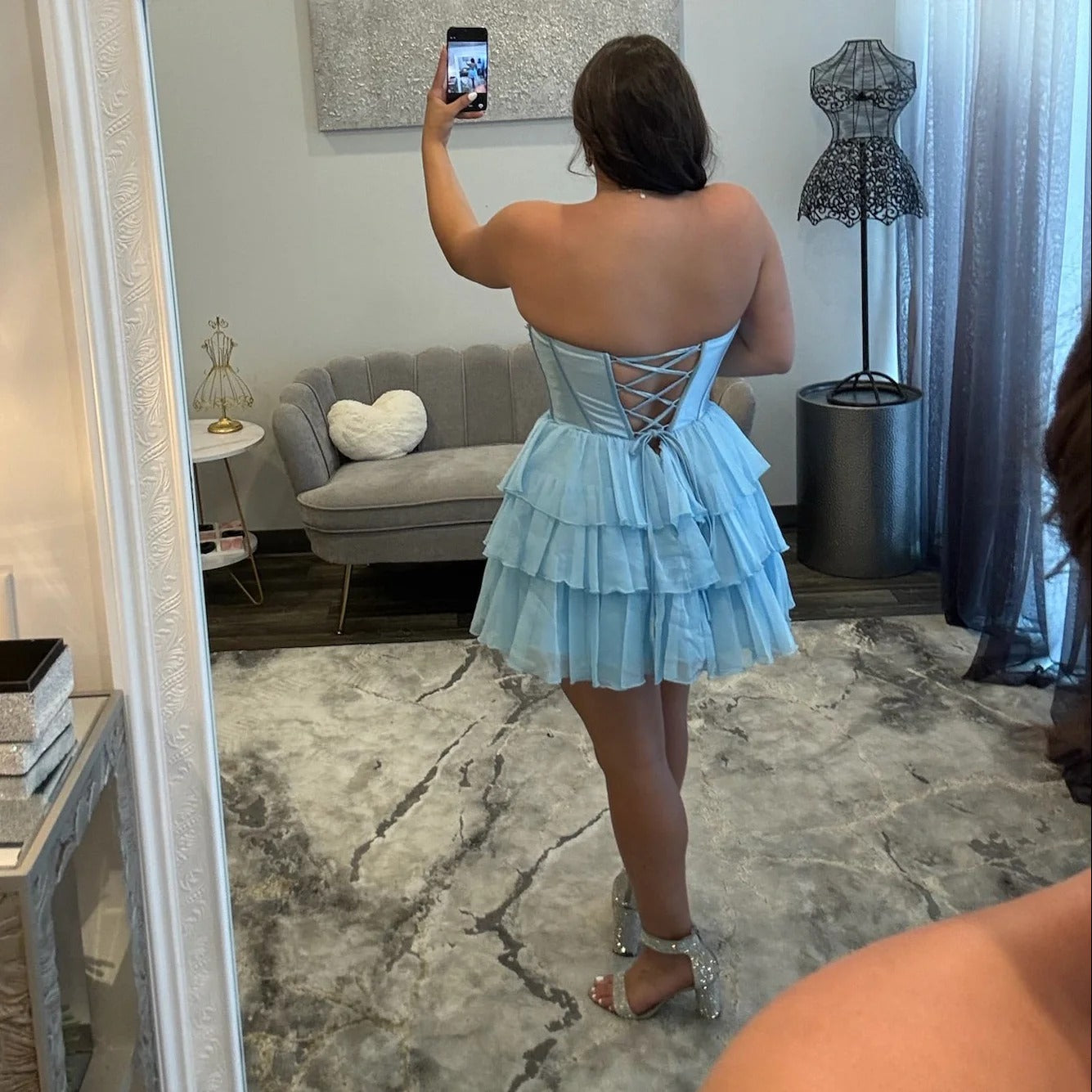 Strapless Pearl Beaded Corset Homecoming Dress Bow Lace-Up Back Tiered Ruffle Tulle Mini