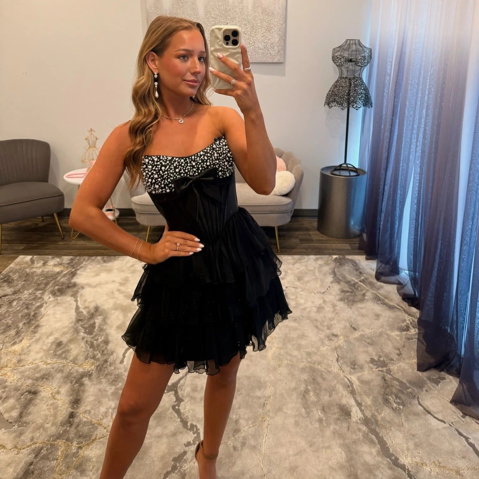 Strapless Pearl Beaded Corset Homecoming Dress Bow Lace-Up Back Tiered Ruffle Tulle Mini