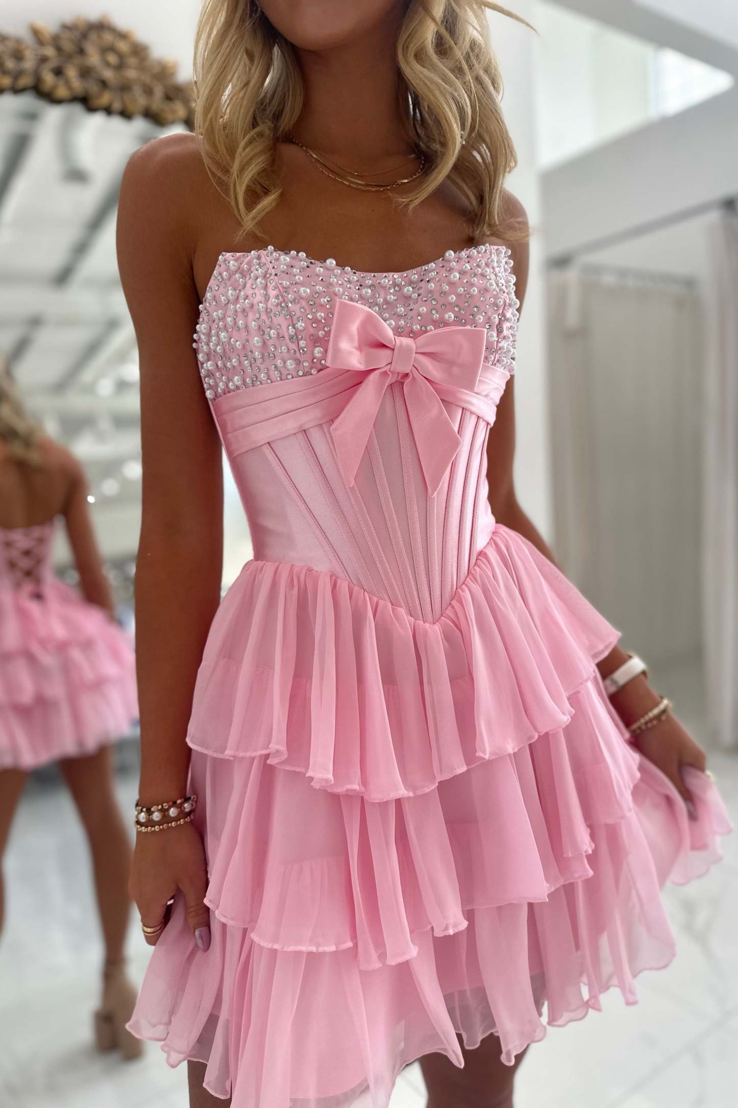 Strapless Pearl Beaded Corset Homecoming Dress Bow Lace-Up Back Tiered Ruffle Tulle Mini