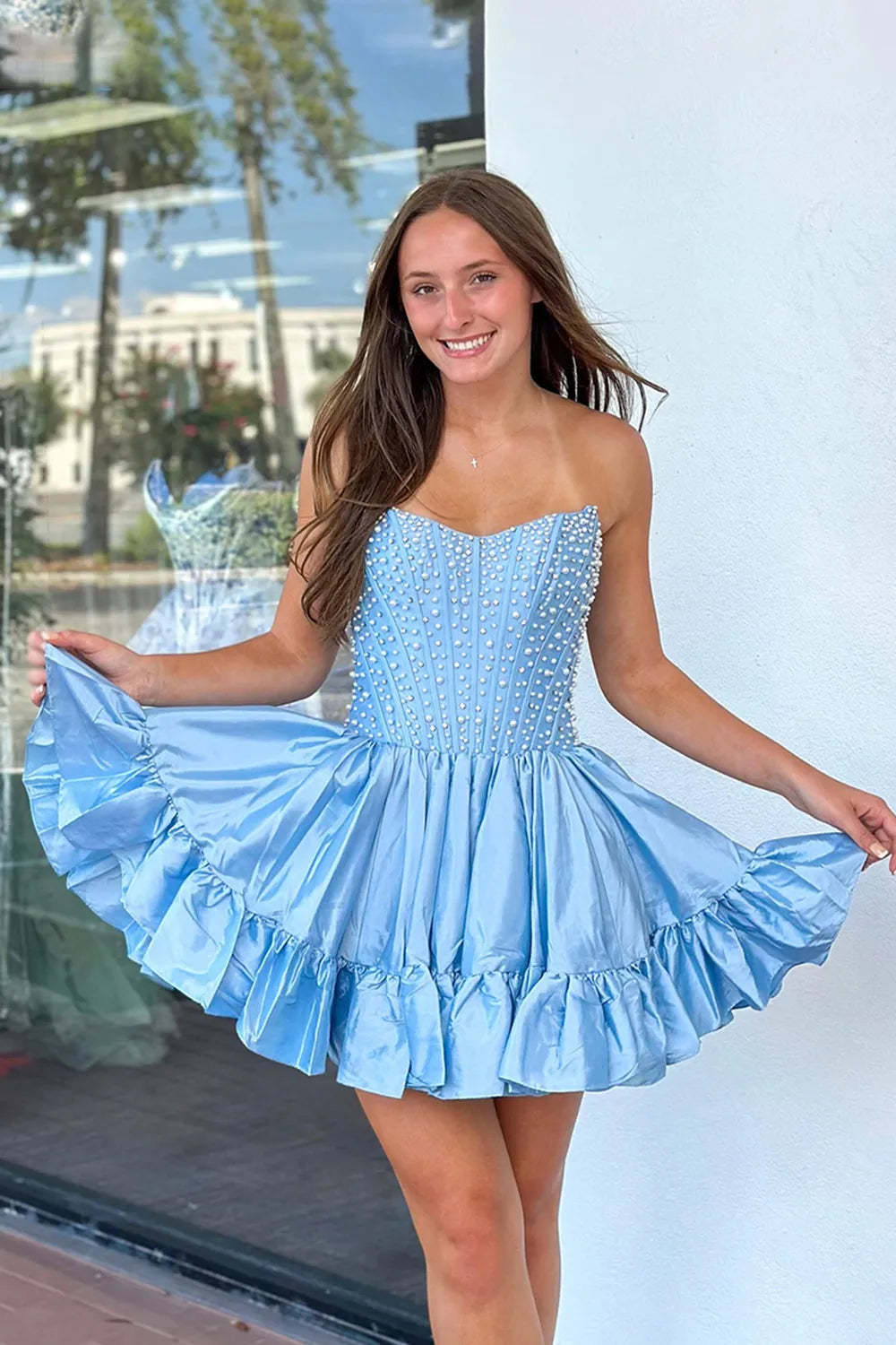 Strapless Pearl Beaded Corset Homecoming Dress Sweetheart Ruffle A line Mini Skirt