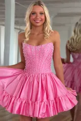 Strapless Pearl Beaded Corset Homecoming Dress Sweetheart Ruffle A line Mini Skirt