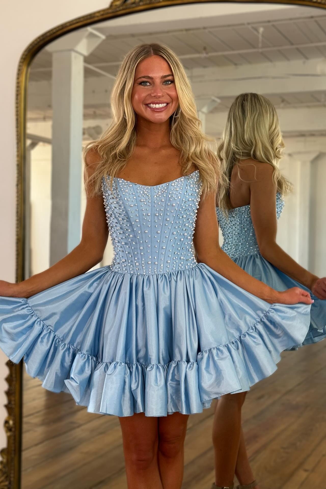 Strapless Pearl Beaded Corset Homecoming Dress Sweetheart Ruffle A line Mini Skirt