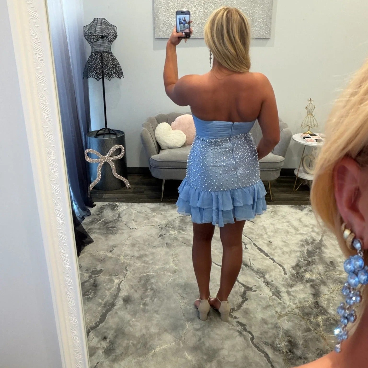 Strapless Pearl Beaded Homecoming Dress Bow Waist Tiered Ruffle Hem Mini Skirt