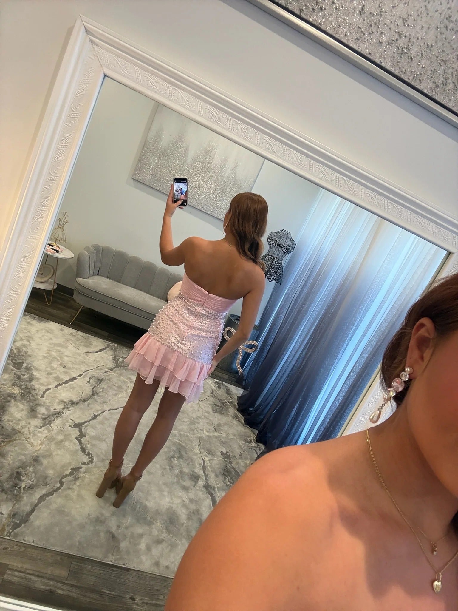 Strapless Pearl Beaded Homecoming Dress Bow Waist Tiered Ruffle Hem Mini Skirt