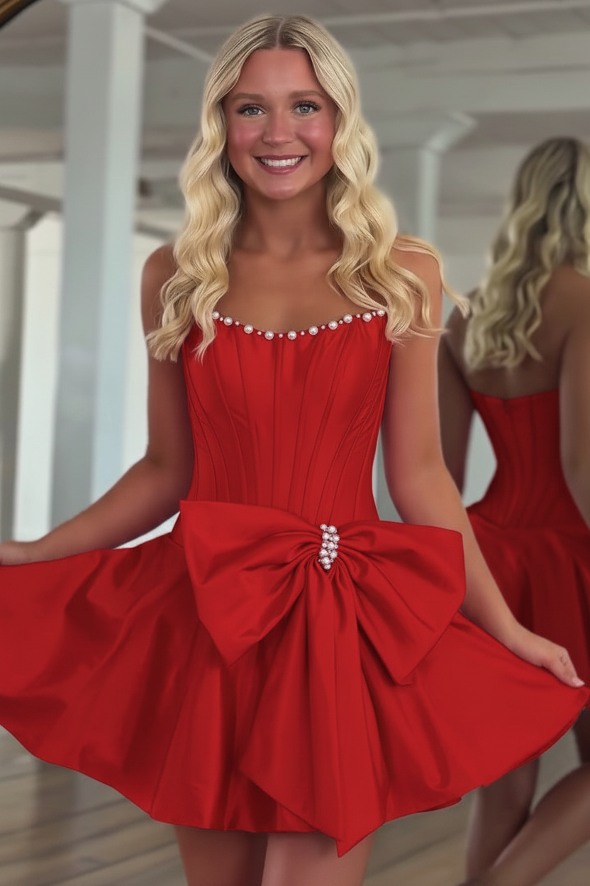 Strapless Pearl Neckline Corset Homecoming Dress Oversized Bow A-Line Mini