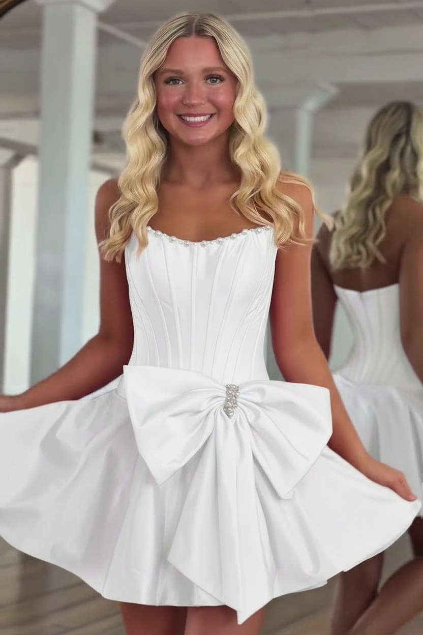 Strapless Pearl Neckline Corset Homecoming Dress Oversized Bow A-Line Mini