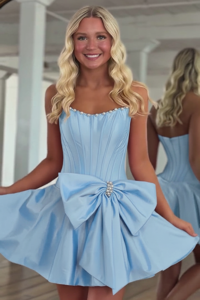 Strapless Pearl Neckline Corset Homecoming Dress Oversized Bow A-Line Mini