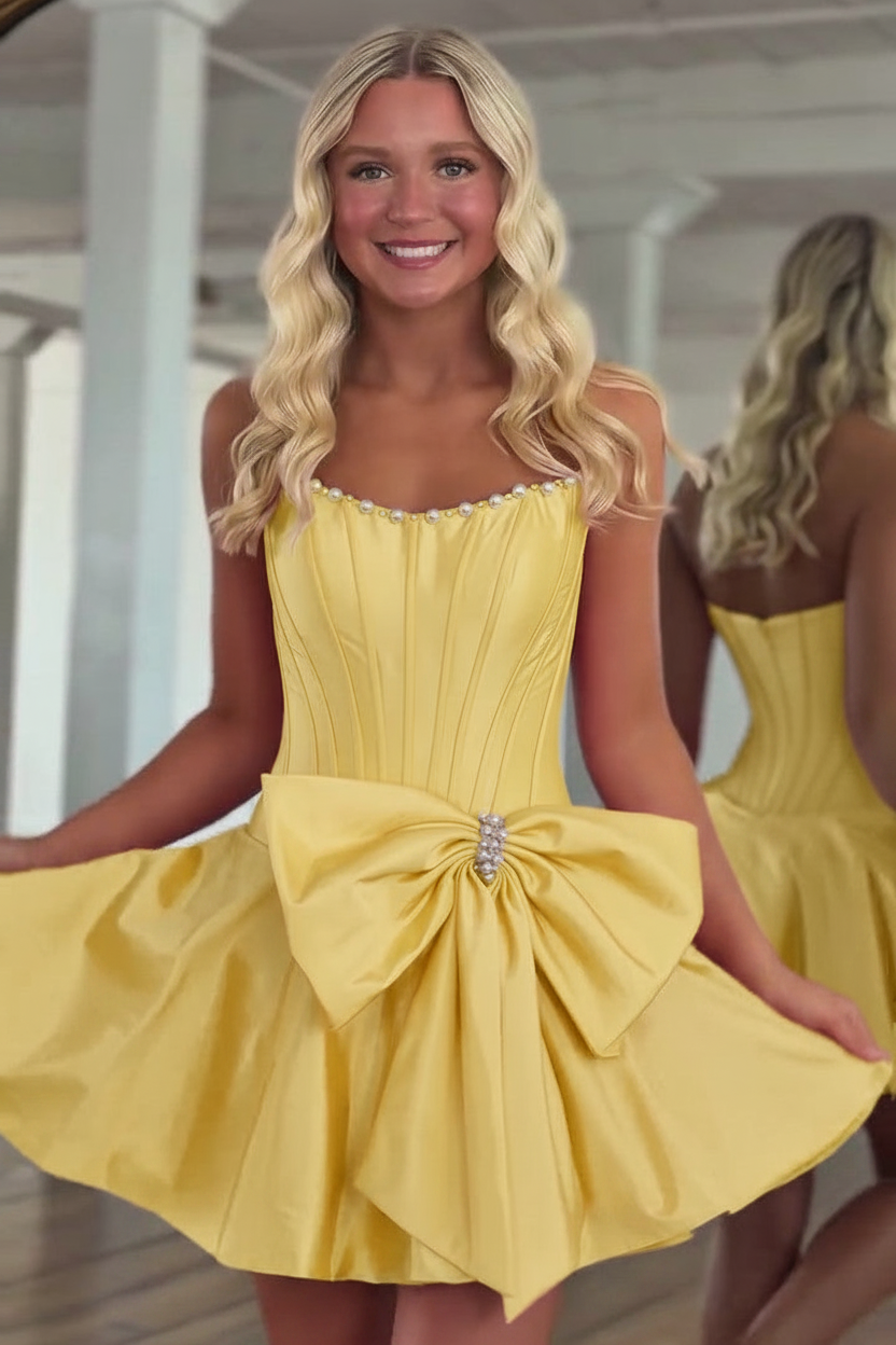 Strapless Pearl Neckline Corset Homecoming Dress Oversized Bow A-Line Mini