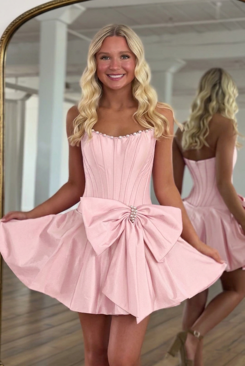 Strapless Pearl Neckline Corset Homecoming Dress Oversized Bow A-Line Mini
