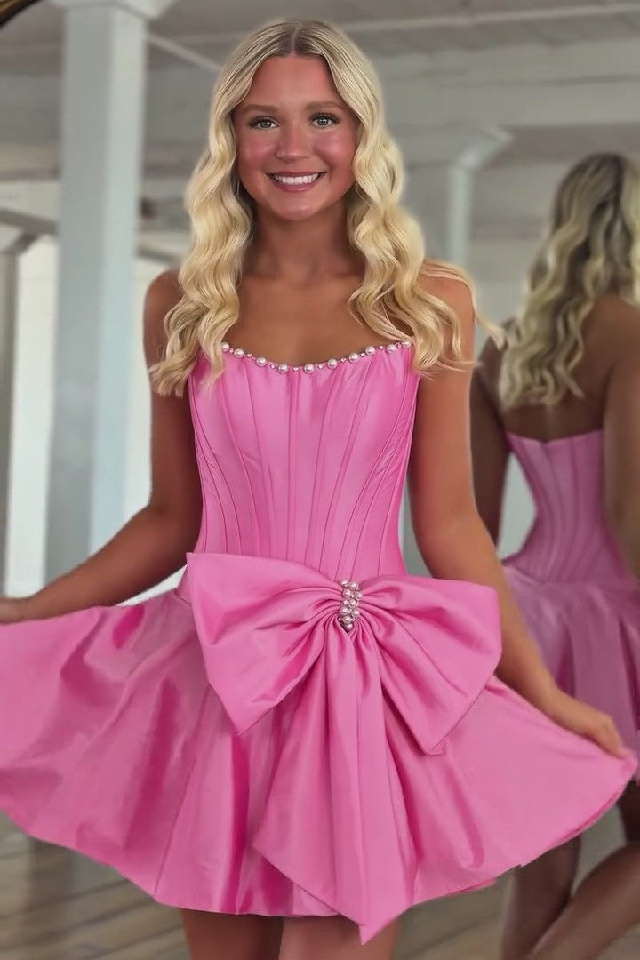 Strapless Pearl Neckline Corset Homecoming Dress Oversized Bow A-Line Mini
