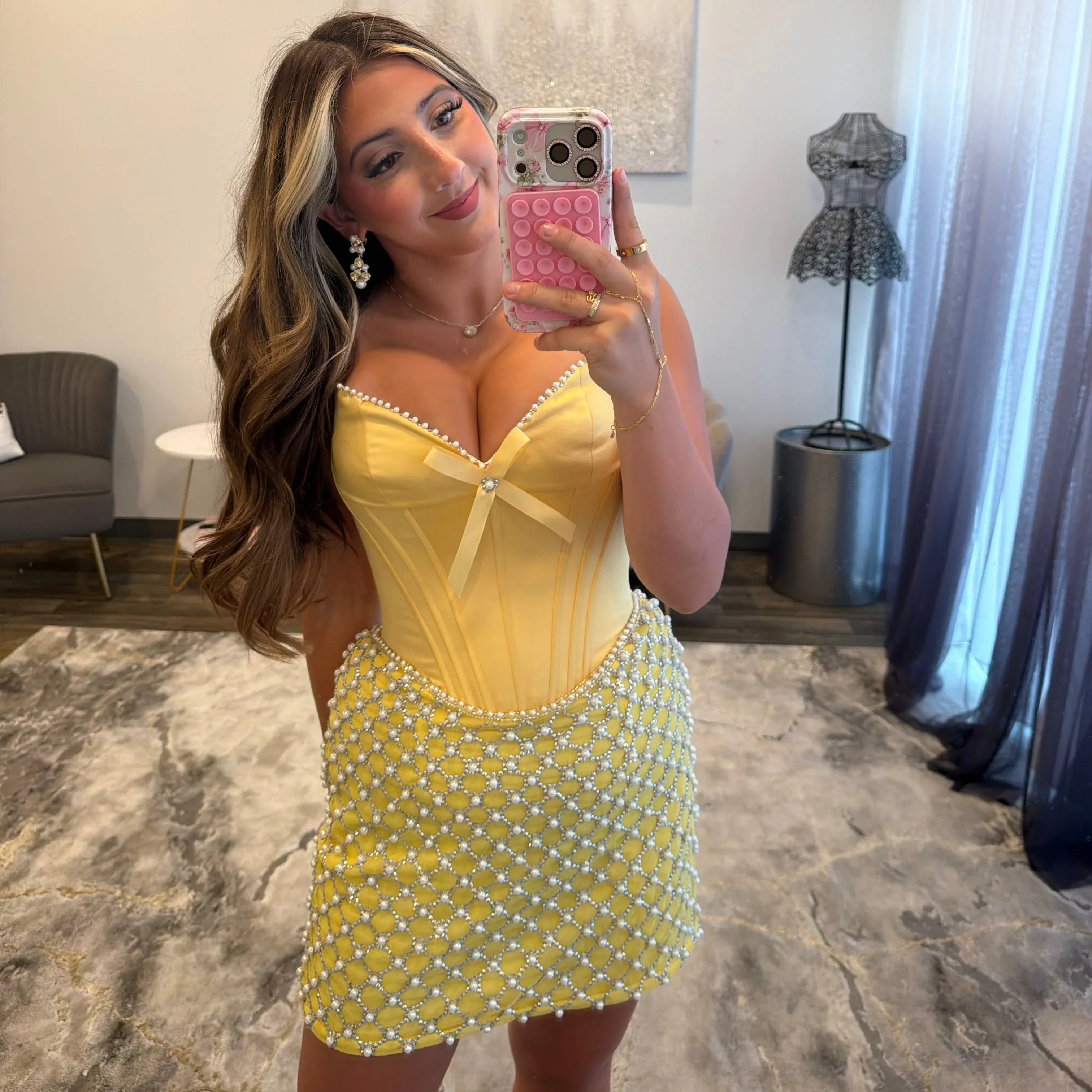 Strapless Pearl Rhinestone Grid Corset Homecoming Dress Sweetheart Bodycon Mini