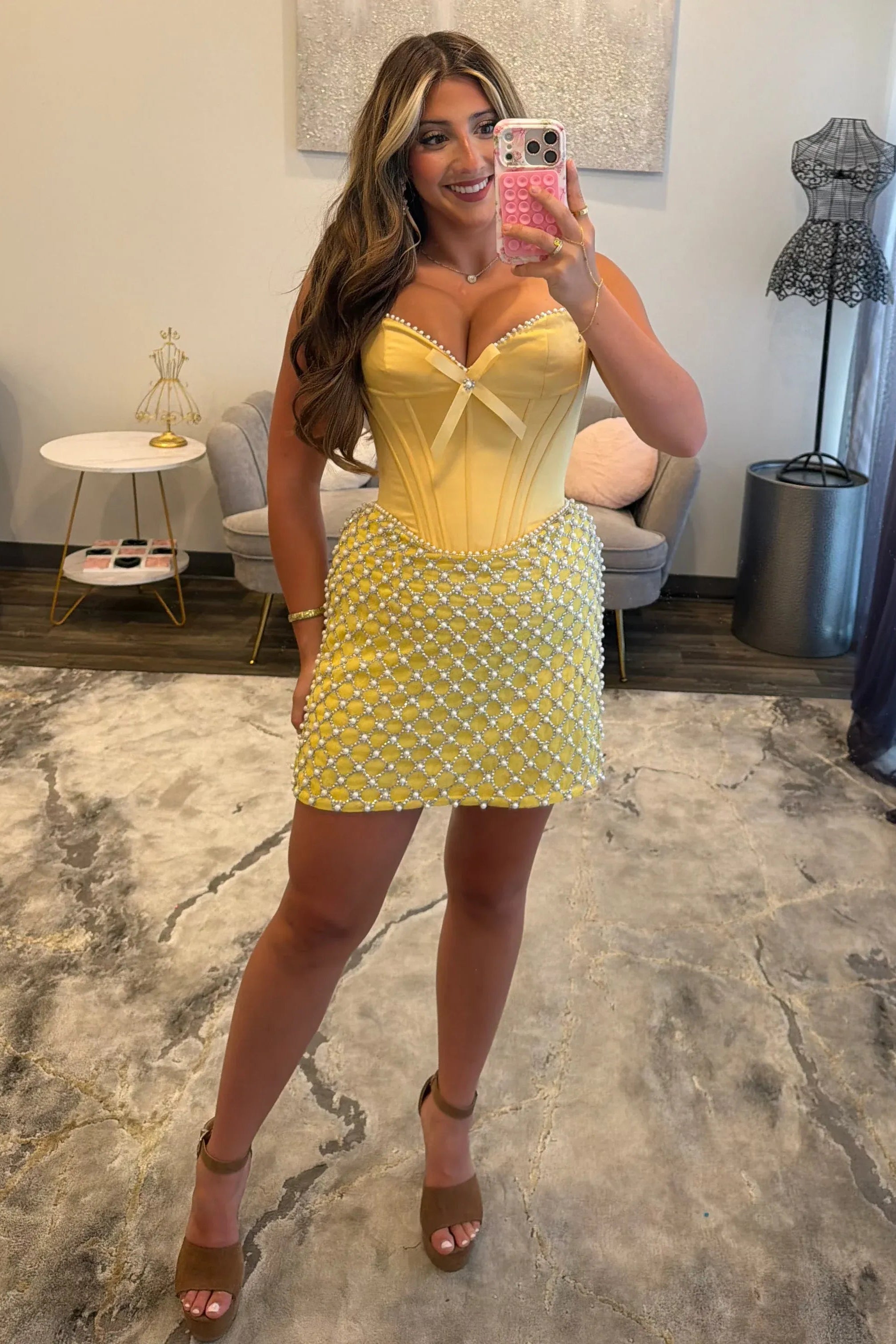 Strapless Pearl Rhinestone Grid Corset Homecoming Dress Sweetheart Bodycon Mini