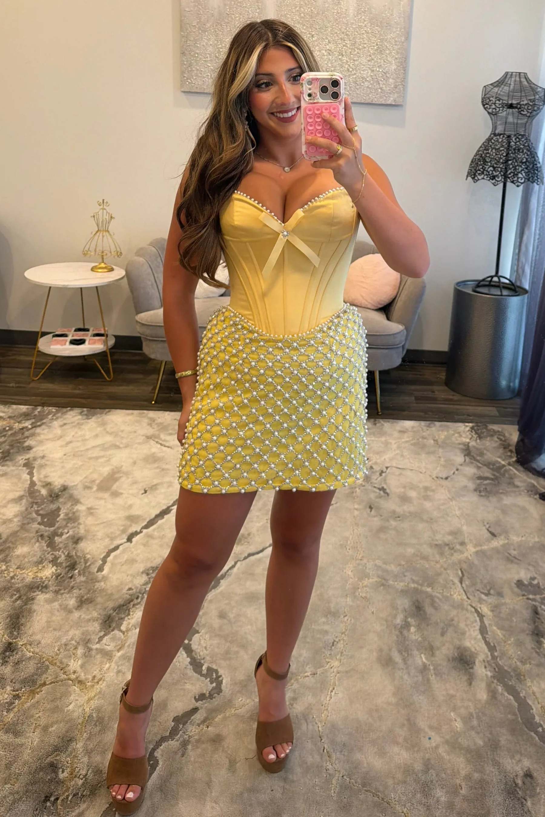 Strapless Pearl Rhinestone Grid Corset Homecoming Dress Sweetheart Bodycon Mini