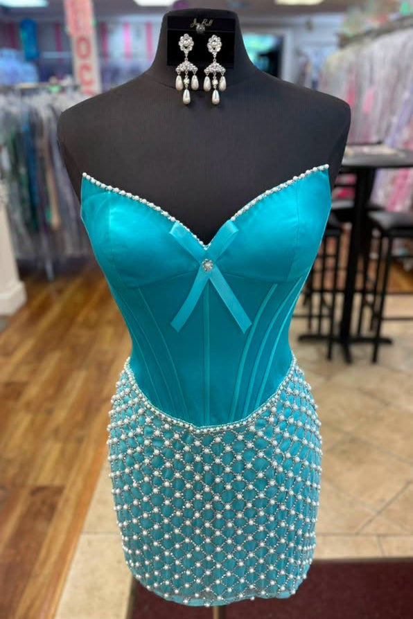 Strapless Pearl Rhinestone Grid Corset Homecoming Dress Sweetheart Bodycon Mini