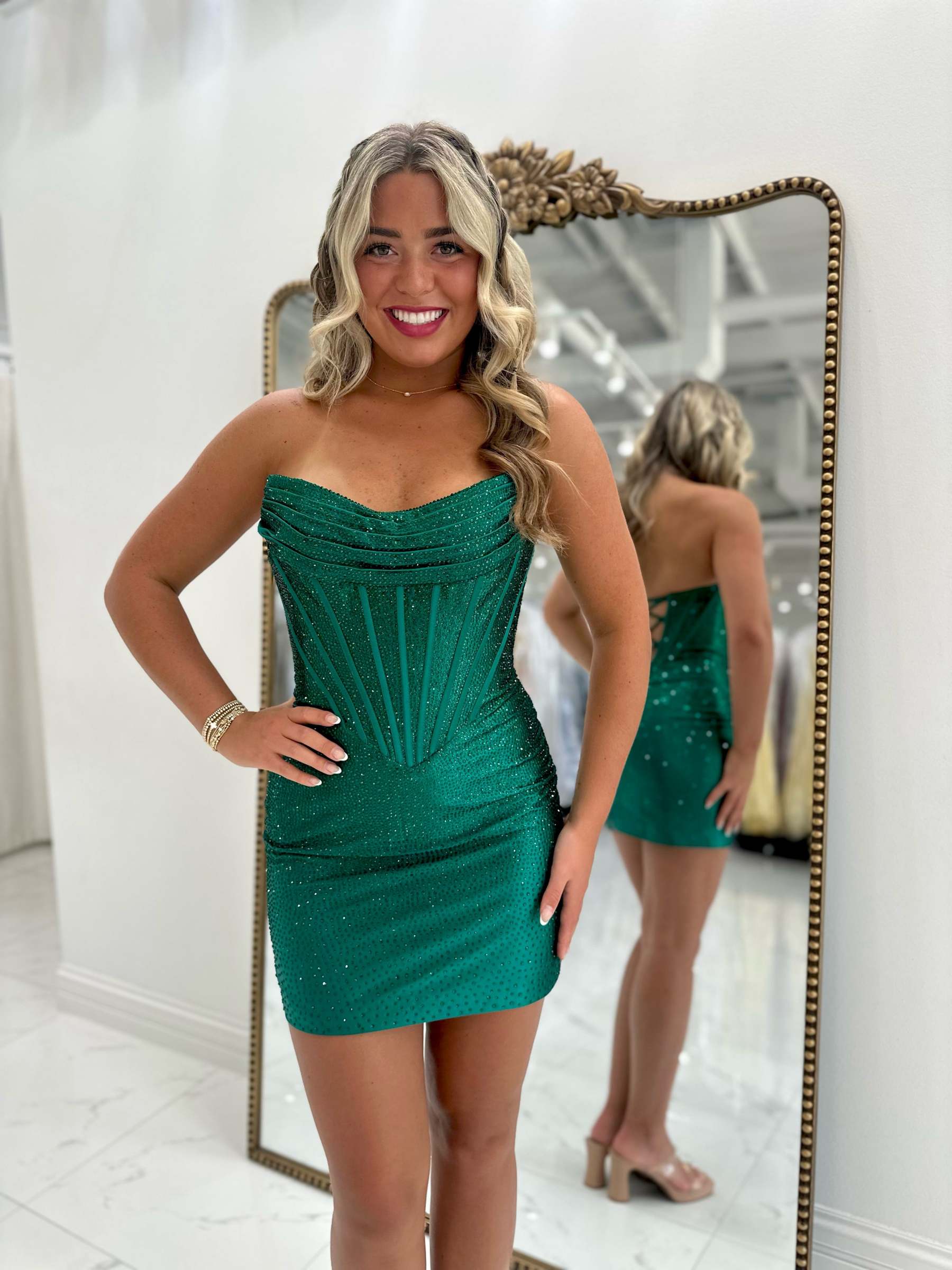 Strapless Rhinestone Corset Homecoming Dress Sweetheart Bodycon Mini Lace Up Back