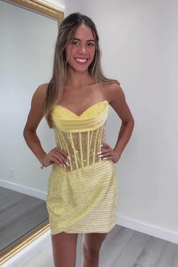 Strapless Rhinestone Corset Homecoming Dress Sweetheart Draped Ruched Wrap Mini Asymmetric Hem
