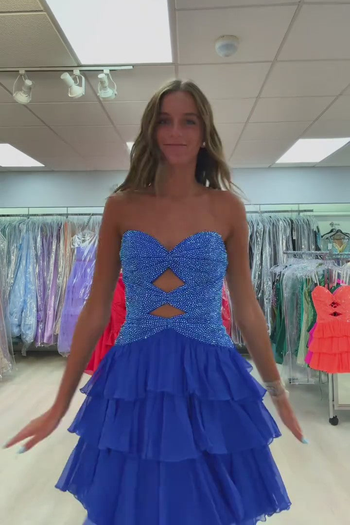 Strapless Rhinestone Twist Cutout Homecoming Dress Sweetheart Tiered Chiffon Mini Lace-Up Back