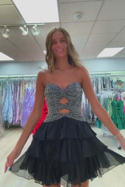 Strapless Rhinestone Twist Cutout Homecoming Dress Sweetheart Tiered Chiffon Mini Lace-Up Back