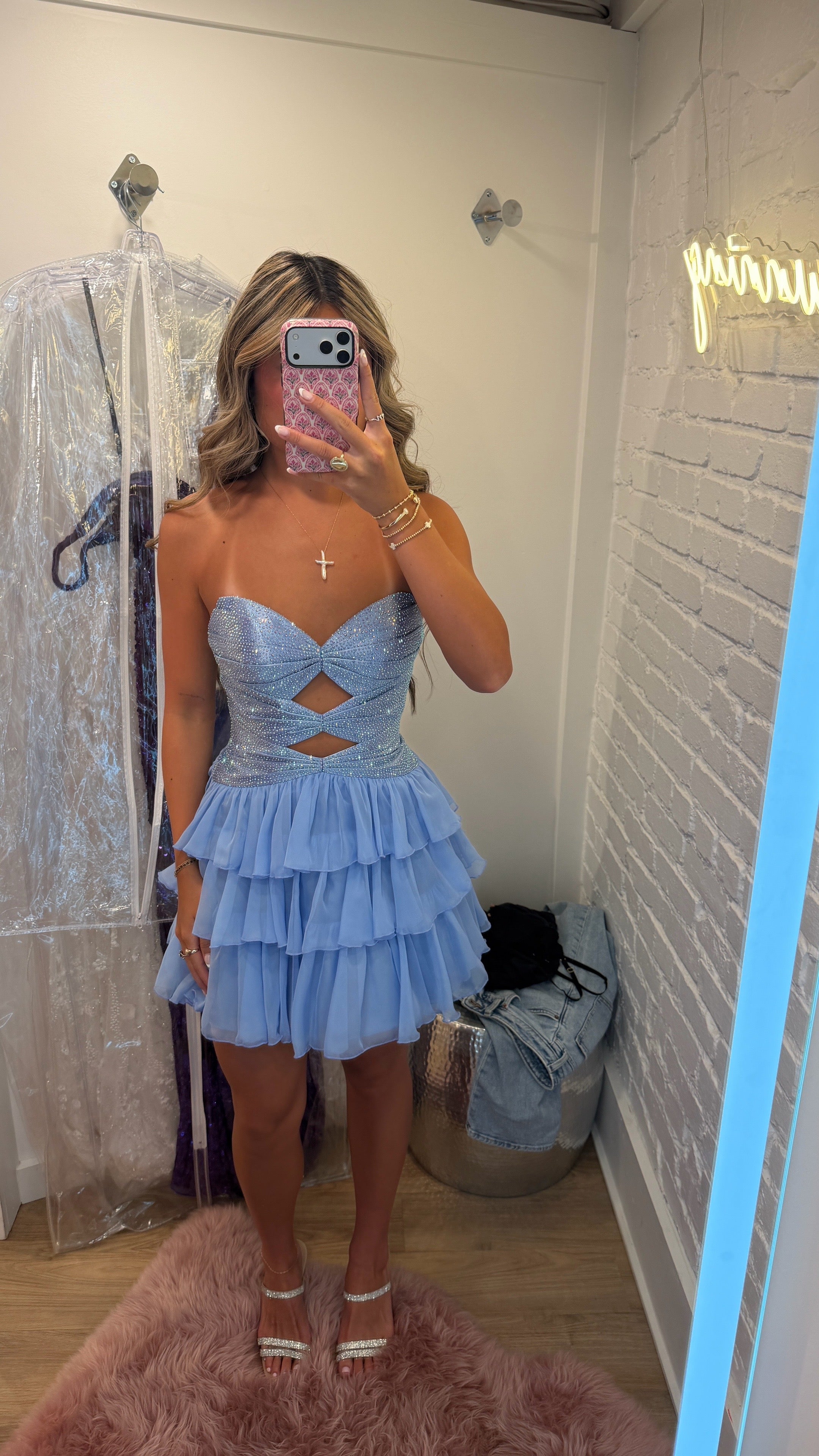 Strapless Rhinestone Twist Cutout Homecoming Dress Sweetheart Tiered Chiffon Mini Lace-Up Back