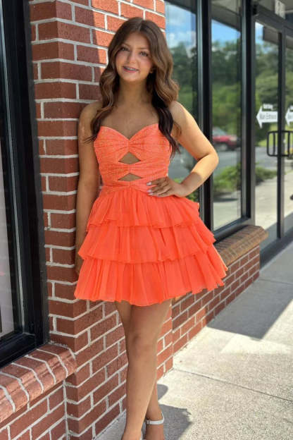 Strapless Rhinestone Twist Cutout Homecoming Dress Sweetheart Tiered Chiffon Mini Lace-Up Back