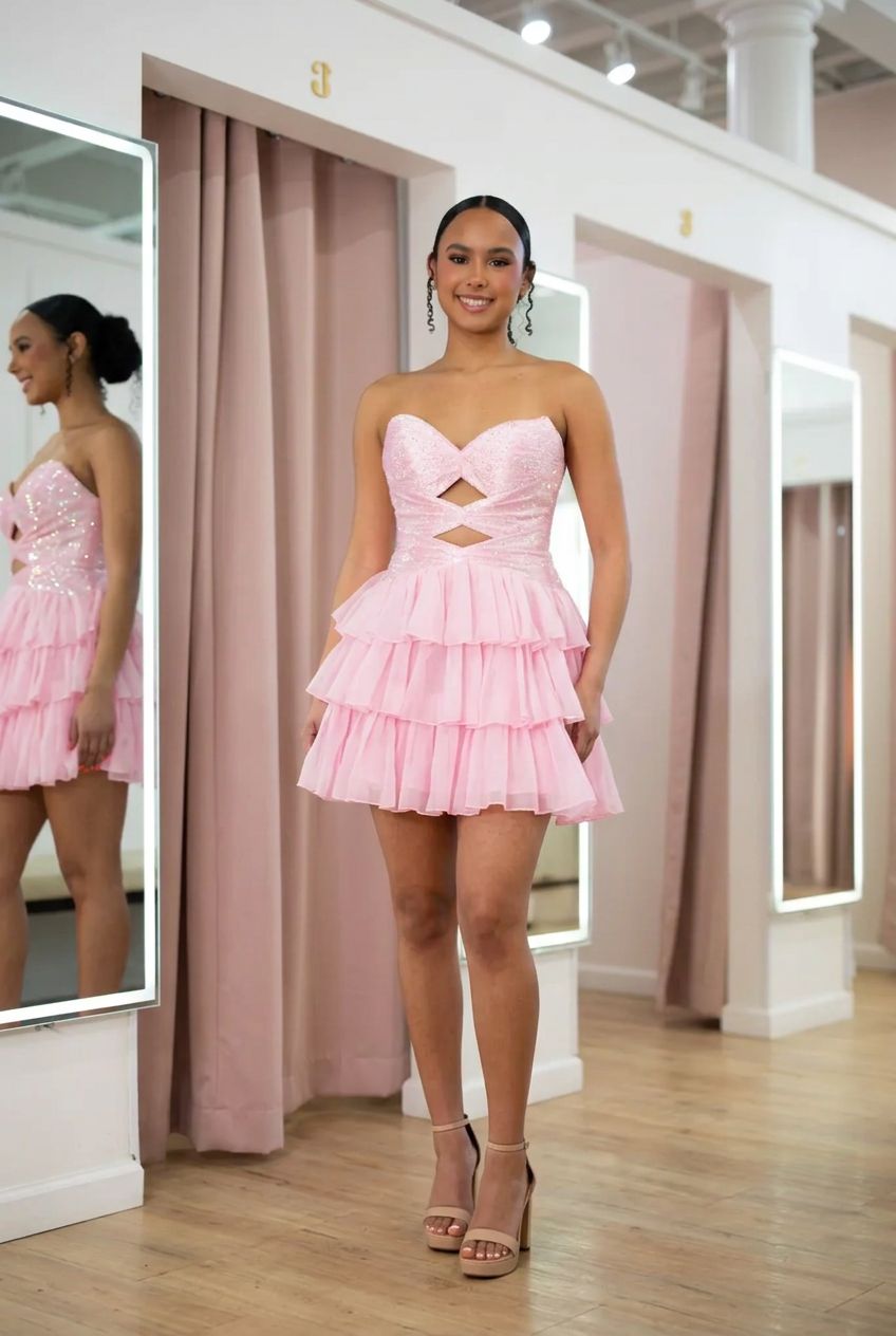 Strapless Rhinestone Twist Cutout Homecoming Dress Sweetheart Tiered Chiffon Mini Lace-Up Back
