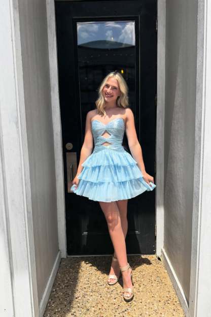 Strapless Rhinestone Twist Cutout Homecoming Dress Sweetheart Tiered Chiffon Mini Lace-Up Back