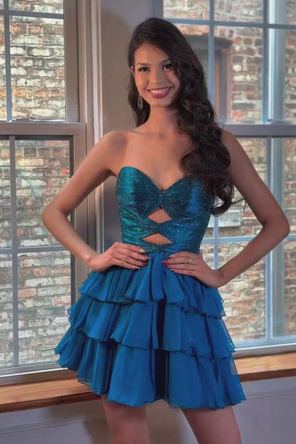 Strapless Rhinestone Twist Cutout Homecoming Dress Sweetheart Tiered Chiffon Mini Lace-Up Back