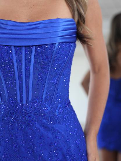 Strapless Ruched Sequin Lace Corset Homecoming Dress Open Back Bodycon Mini Scallop Hem
