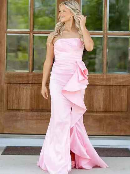Strapless Ruffles Hem Long Prom Dress with Slit