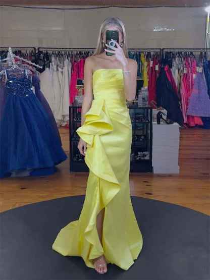 Strapless Ruffles Hem Long Prom Dress with Slit