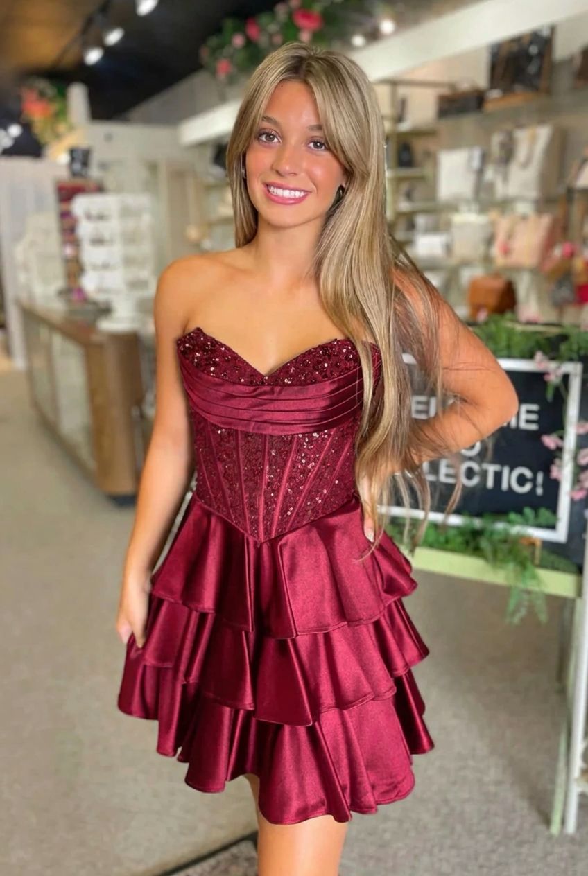 Strapless Sequin Lace Corset Homecoming Dress Sweetheart Tiered Ruffle Mini Skirt Lace Up Back