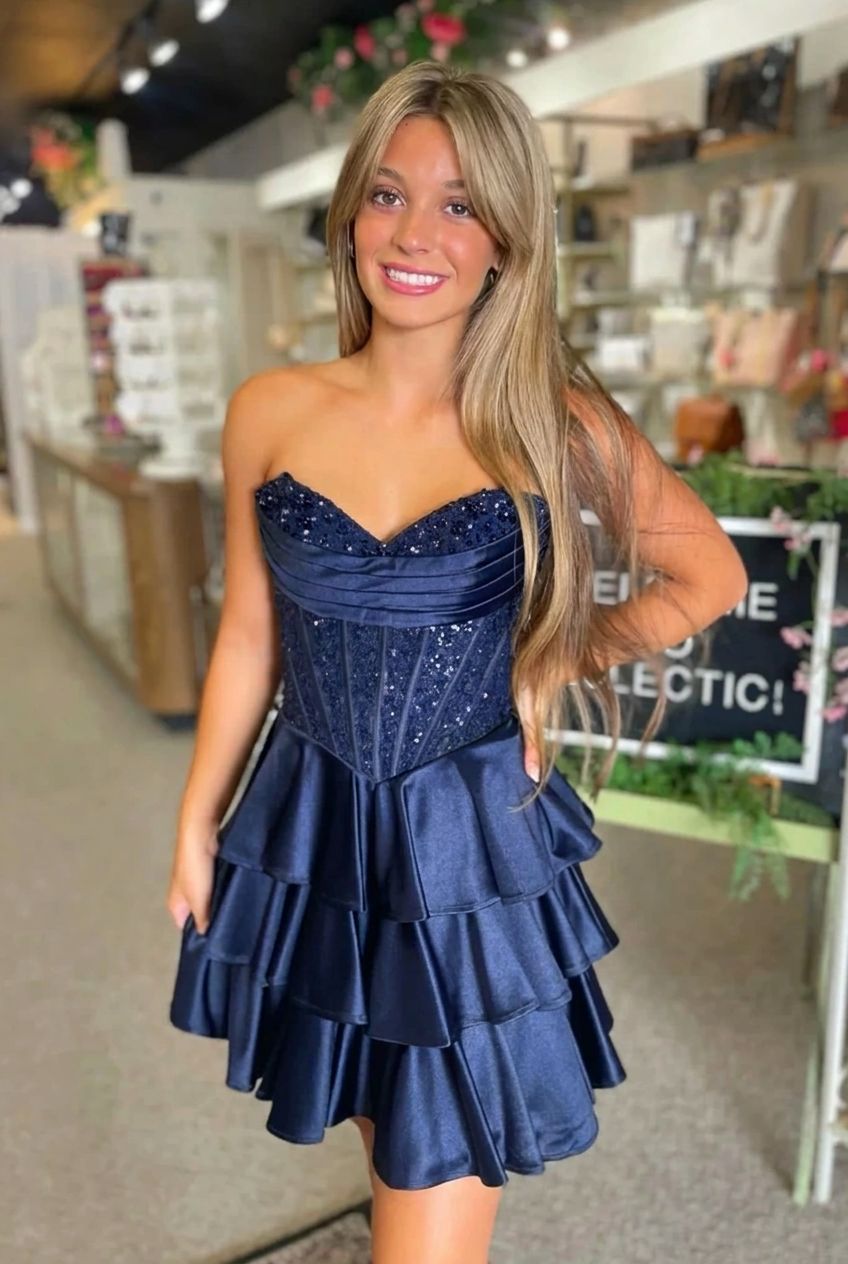 Strapless Sequin Lace Corset Homecoming Dress Sweetheart Tiered Ruffle Mini Skirt Lace Up Back