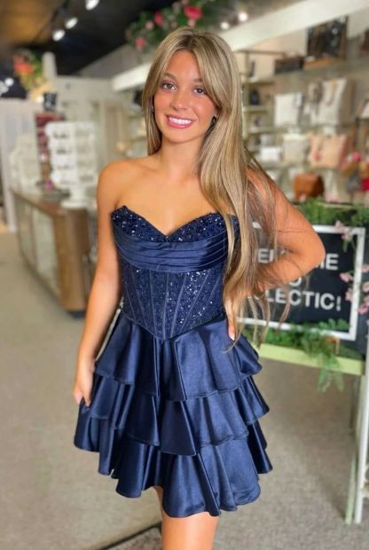 Strapless Sequin Lace Corset Homecoming Dress Sweetheart Tiered Ruffle Mini Skirt Lace Up Back