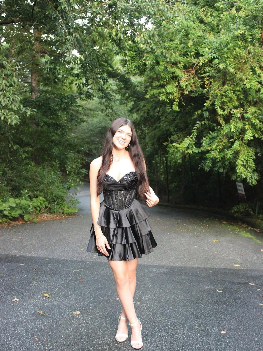 Strapless Sequin Lace Corset Homecoming Dress Sweetheart Tiered Ruffle Mini Skirt Lace Up Back