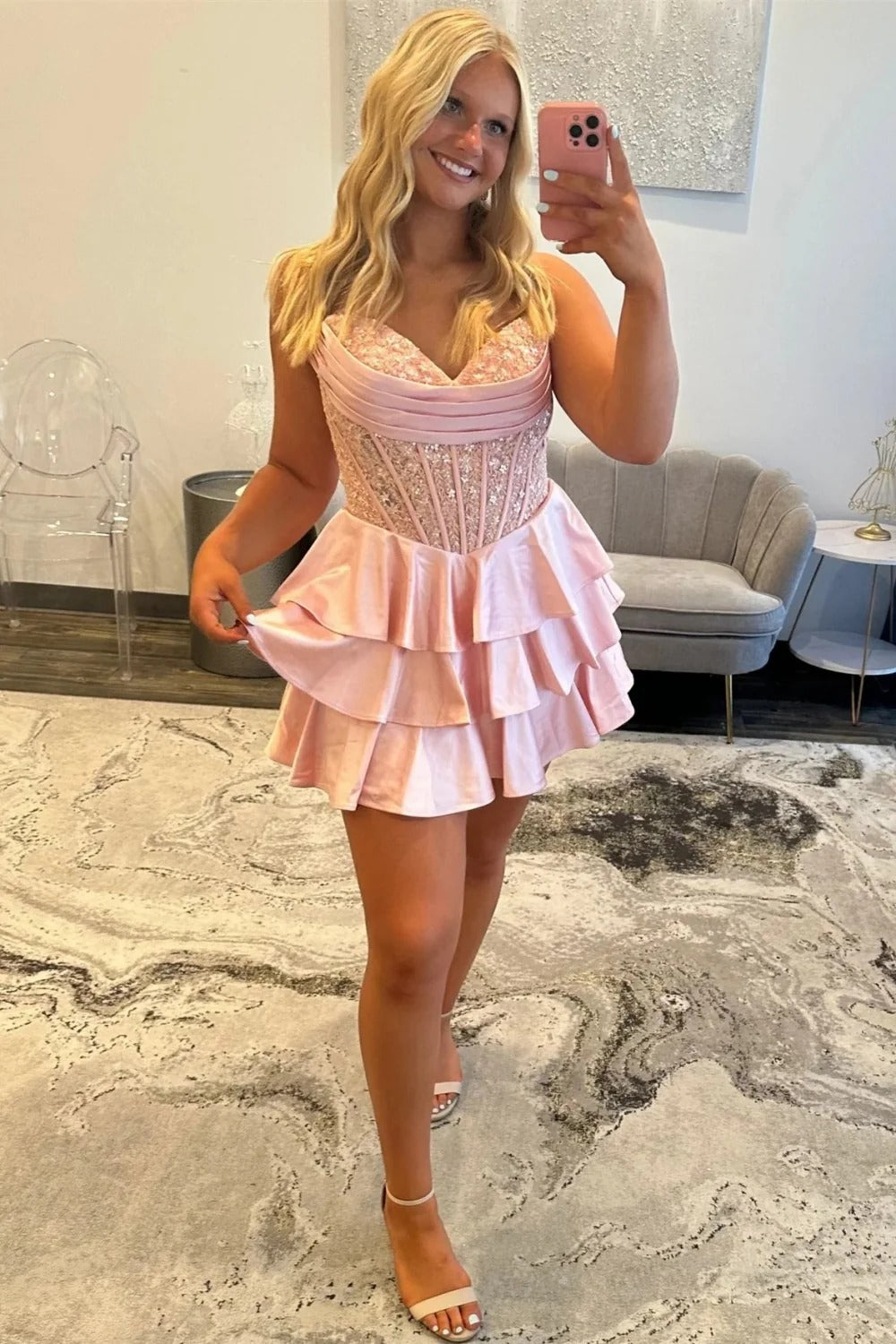 Strapless Sequin Lace Corset Homecoming Dress Sweetheart Tiered Ruffle Mini Skirt Lace Up Back