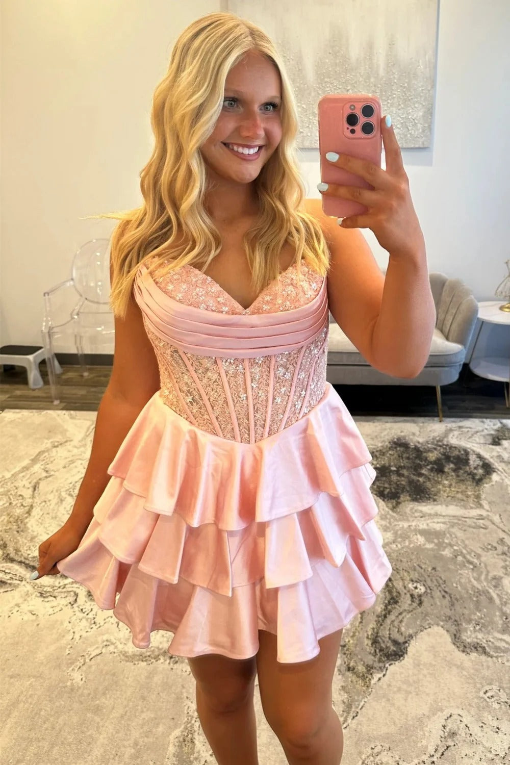 Strapless Sequin Lace Corset Homecoming Dress Sweetheart Tiered Ruffle Mini Skirt Lace Up Back