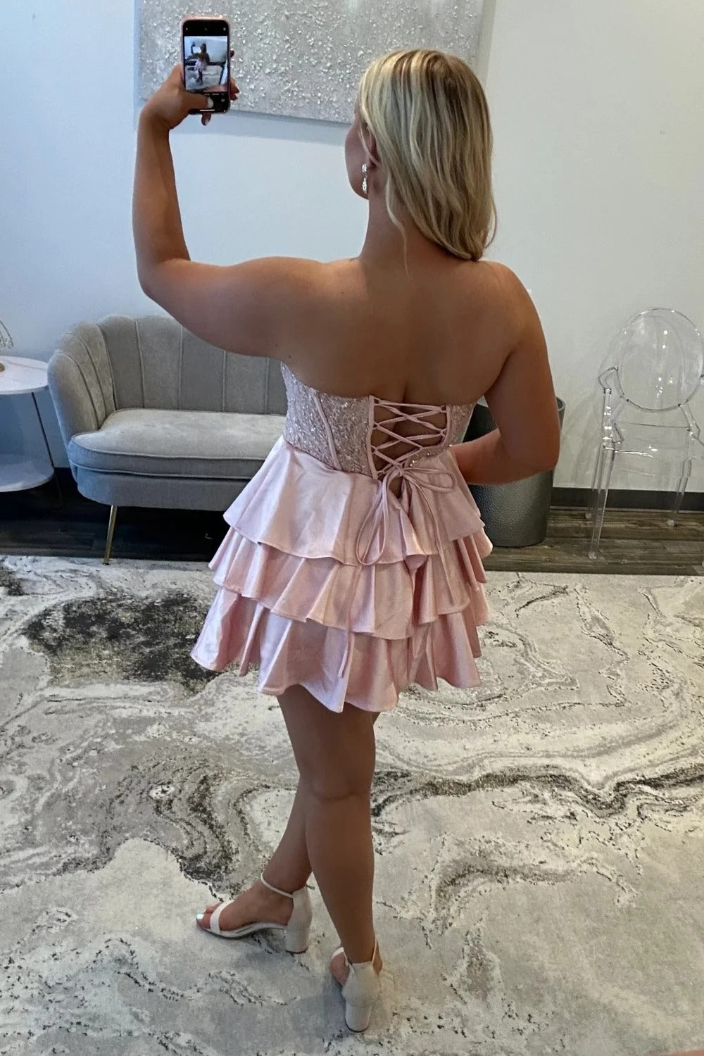 Strapless Sequin Lace Corset Homecoming Dress Sweetheart Tiered Ruffle Mini Skirt Lace Up Back