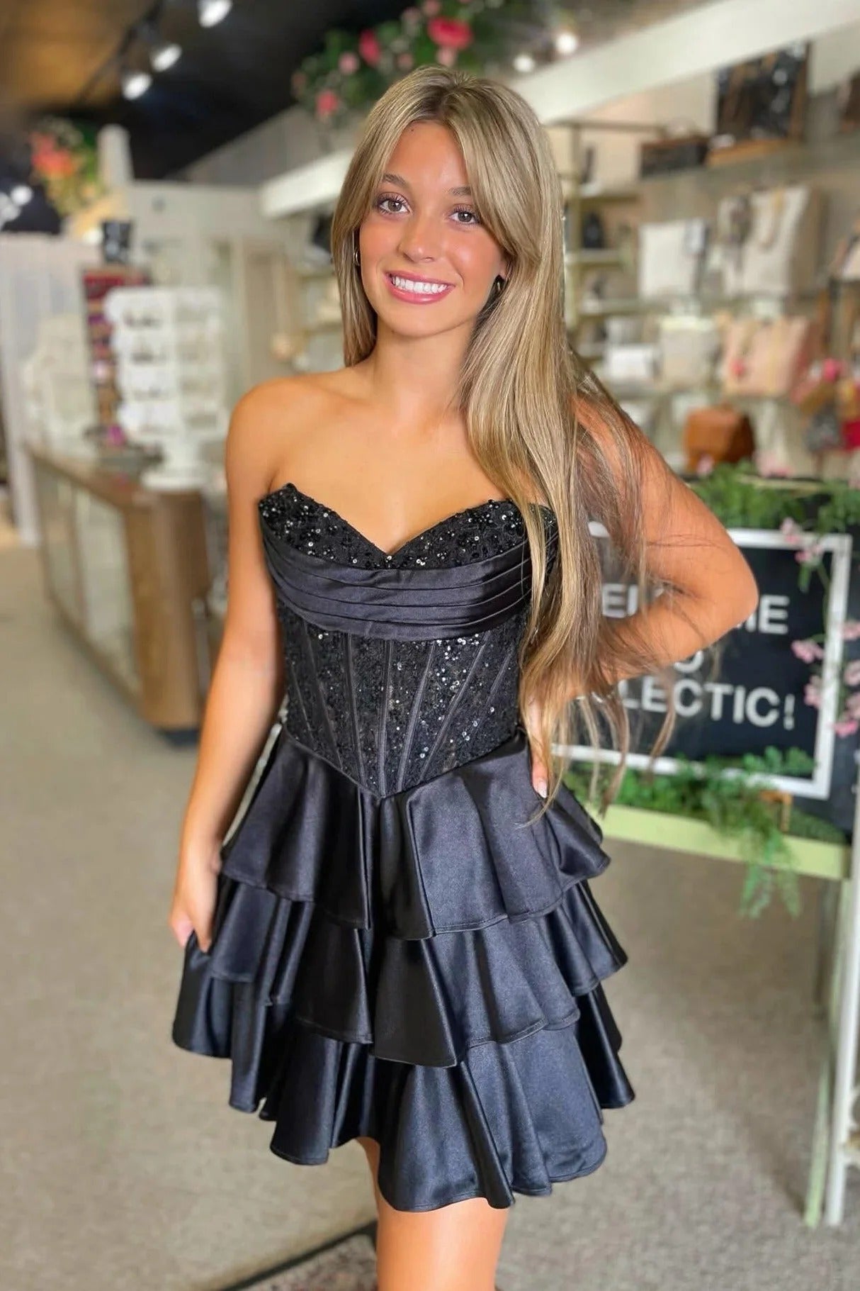 Strapless Sequin Lace Corset Homecoming Dress Sweetheart Tiered Ruffle Mini Skirt Lace Up Back