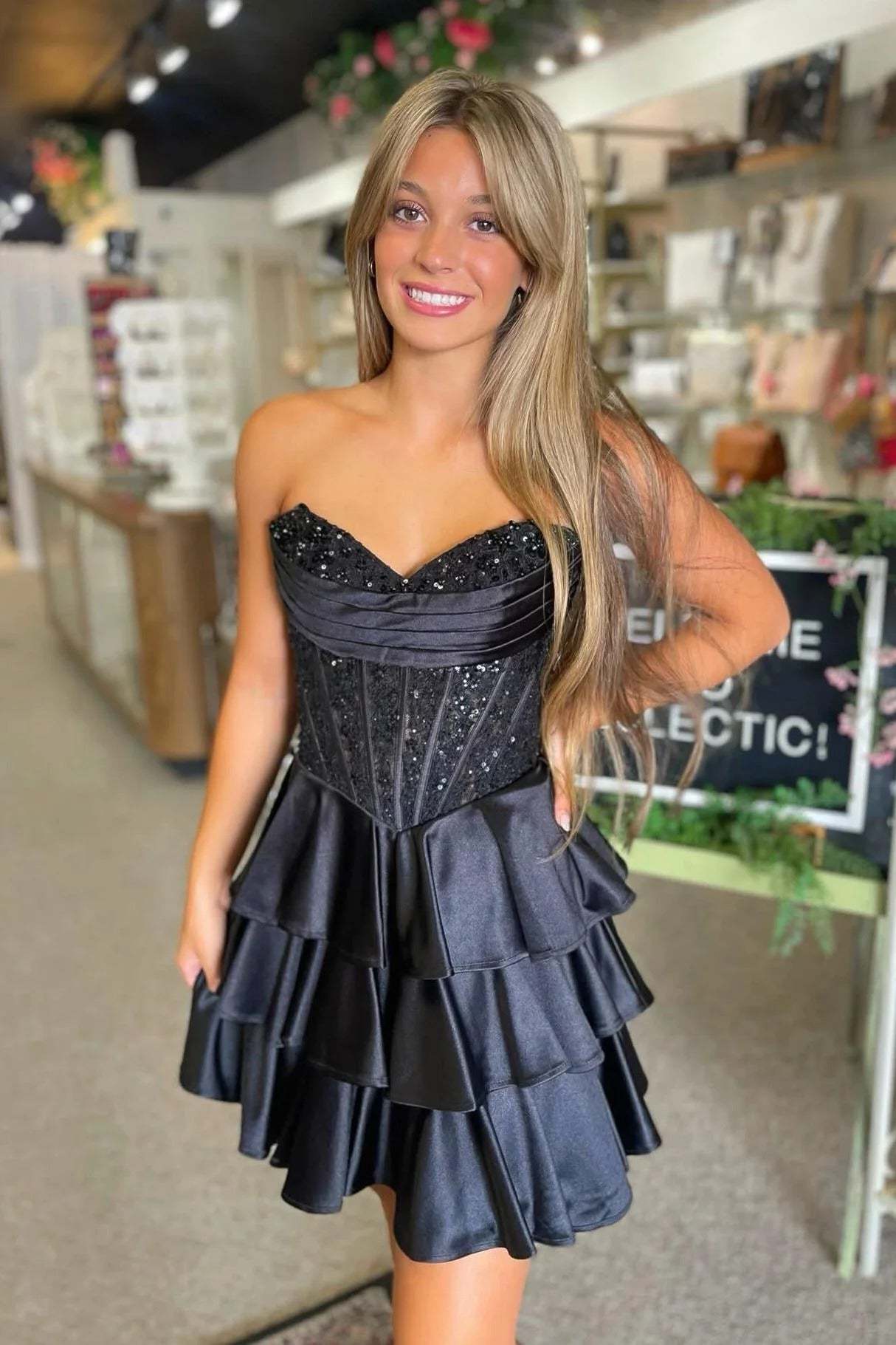 Strapless Sequin Lace Corset Homecoming Dress Sweetheart Tiered Ruffle Mini Skirt Lace Up Back