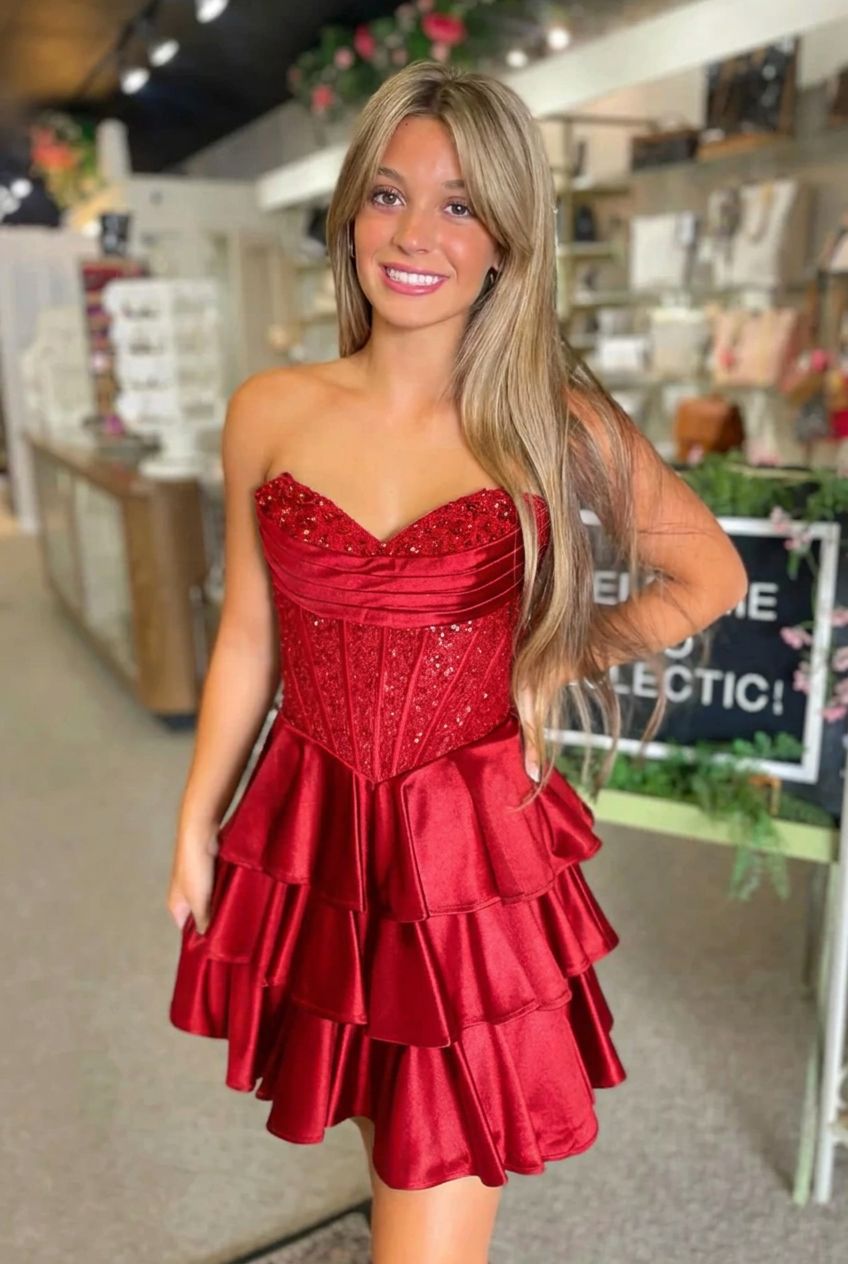 Strapless Sequin Lace Corset Homecoming Dress Sweetheart Tiered Ruffle Mini Skirt Lace Up Back