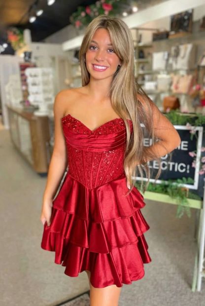 Strapless Sequin Lace Corset Homecoming Dress Sweetheart Tiered Ruffle Mini Skirt Lace Up Back