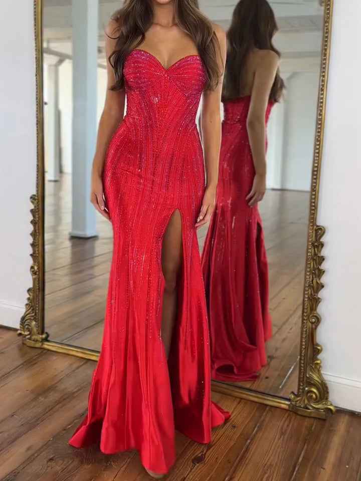 Navy Blue Strapless Sequin Prom Dress with Linear Beading