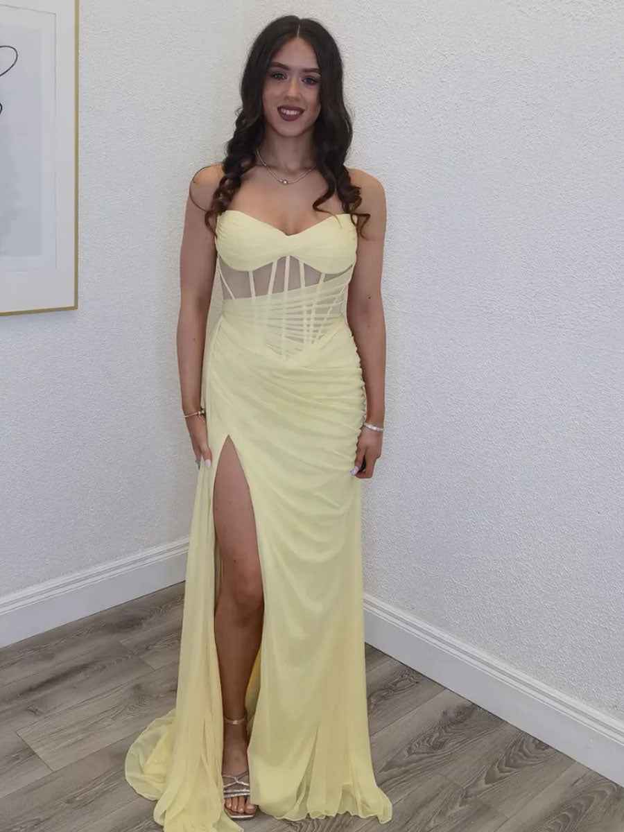 Strapless Sheer Corset Bodice Prom Gown with High Slit