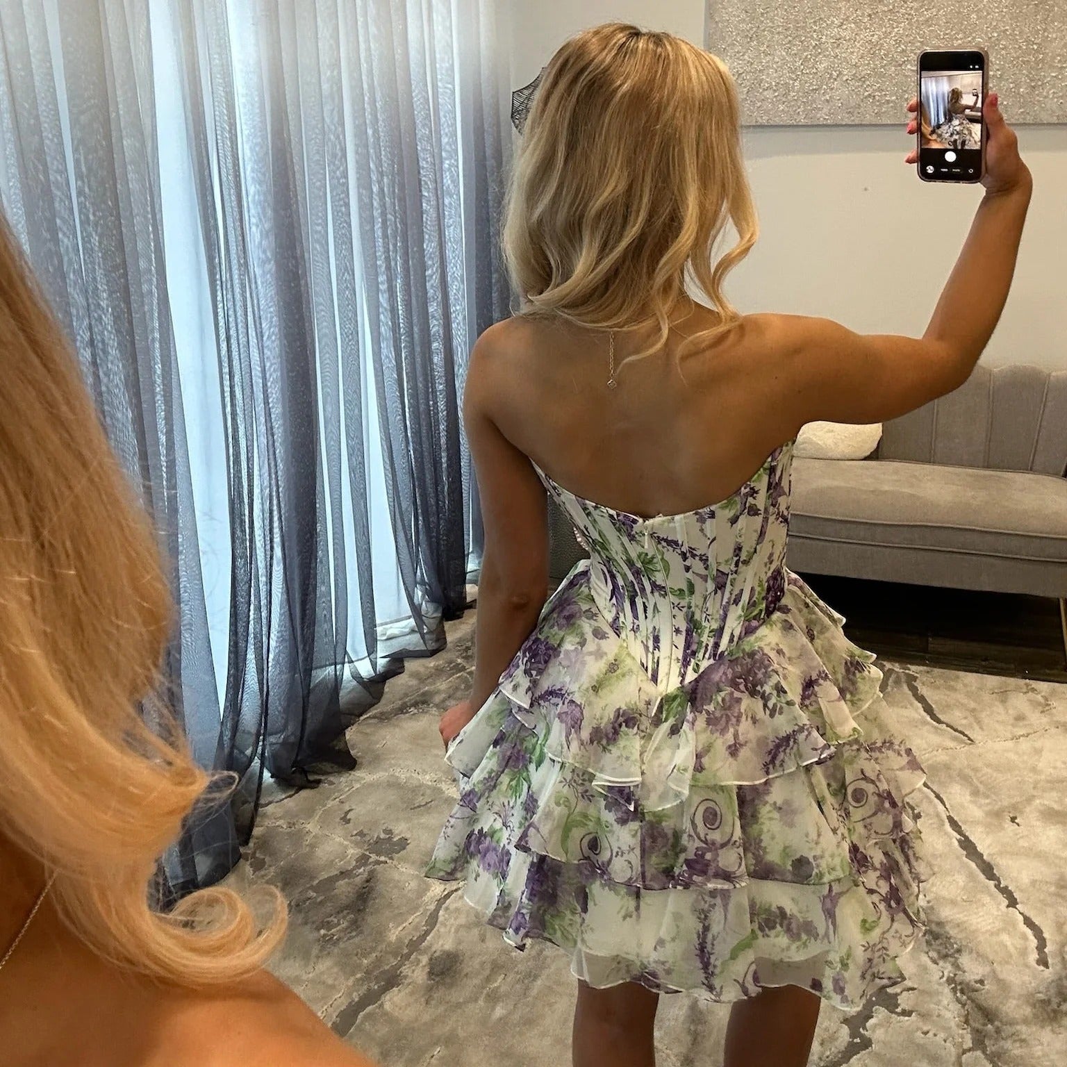 Strapless Sweetheart Lace Trim Floral Corset Homecoming Dress Tiered Ruffle Chiffon Mini