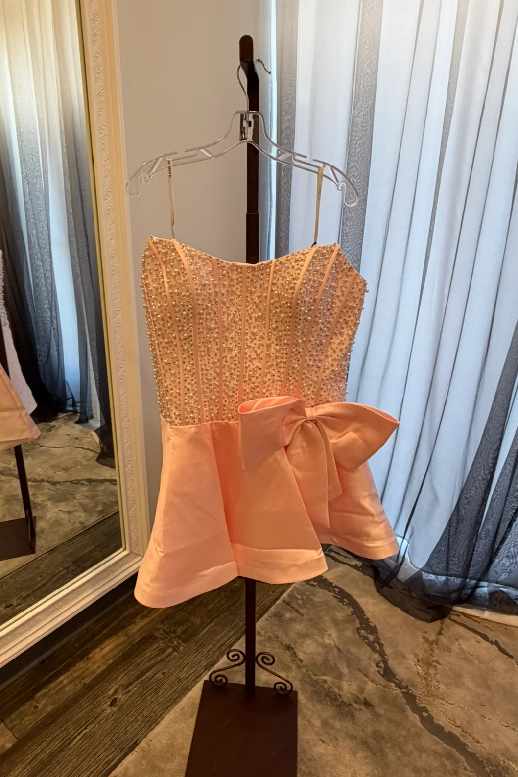 Strapless Sweetheart Pearl Beaded Corset Homecoming Dress Oversized Bow Satin Fit and Flare Mini