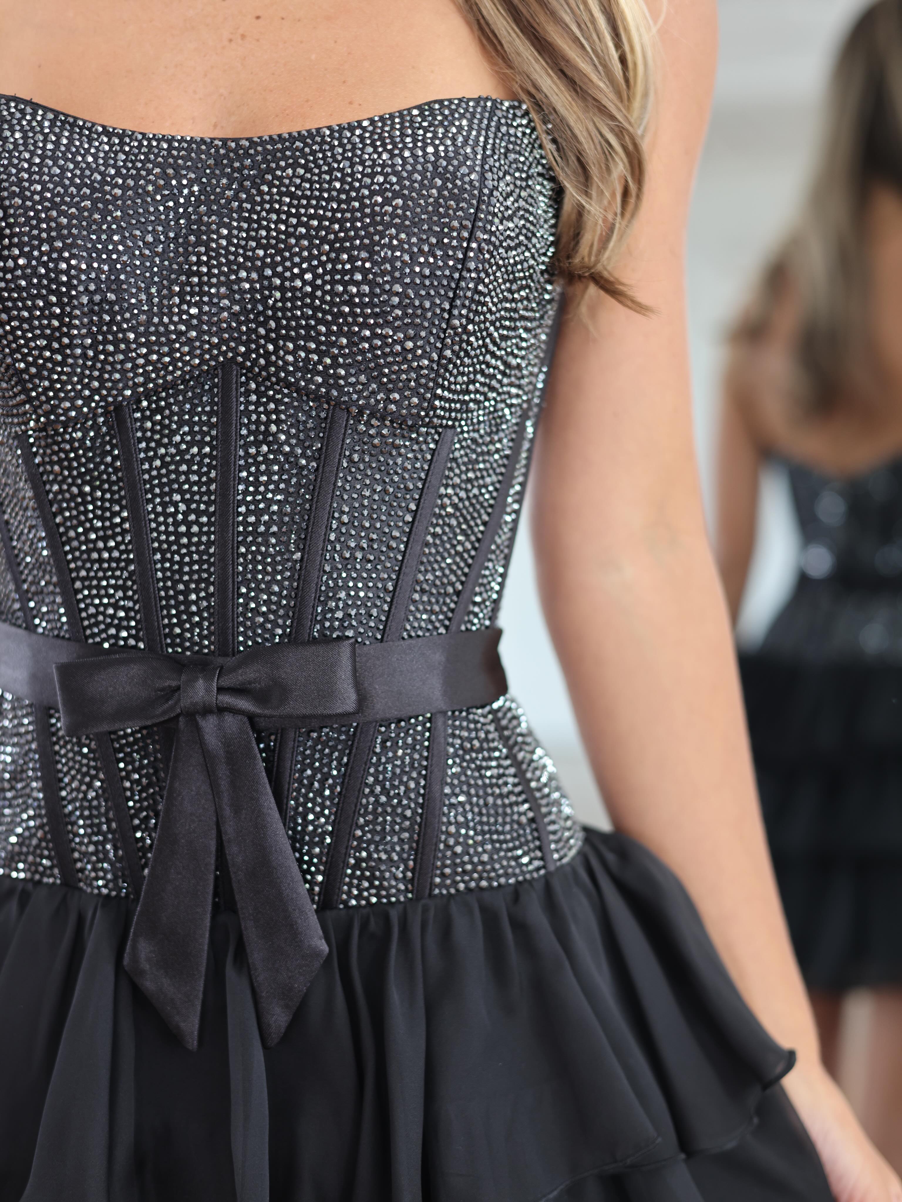 Strapless Sweetheart Rhinestone Corset Homecoming Dress Satin Bow Tiered Ruffle Chiffon Mini