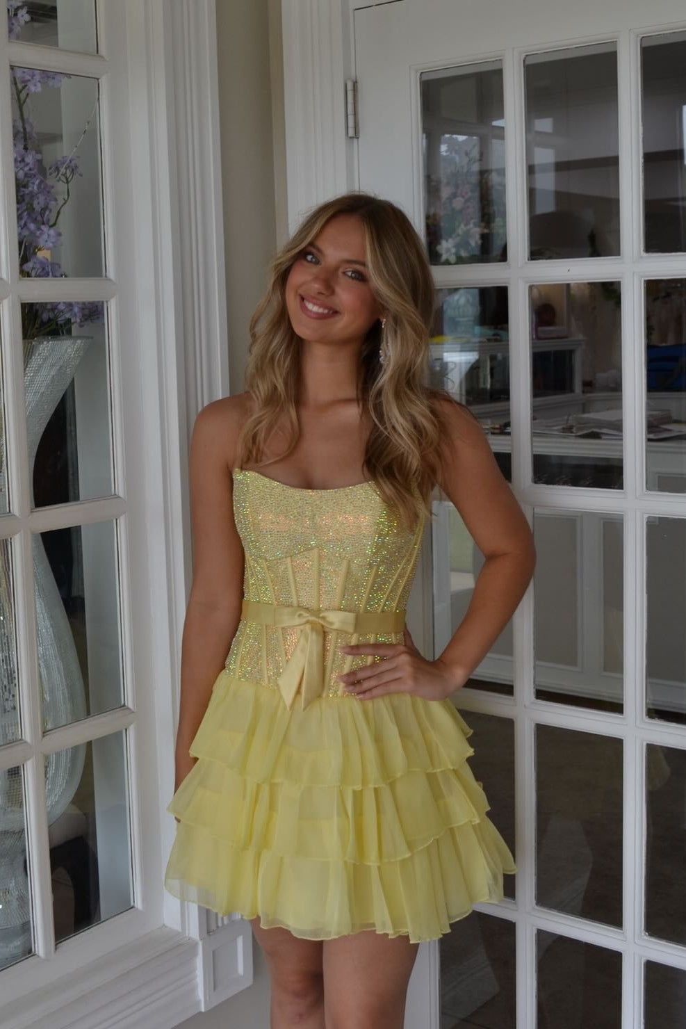 Strapless Sweetheart Rhinestone Corset Homecoming Dress Satin Bow Tiered Ruffle Chiffon Mini