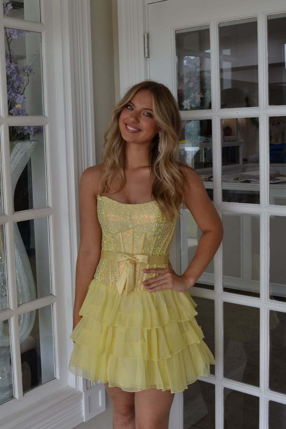 Strapless Sweetheart Rhinestone Corset Homecoming Dress Satin Bow Tiered Ruffle Chiffon Mini